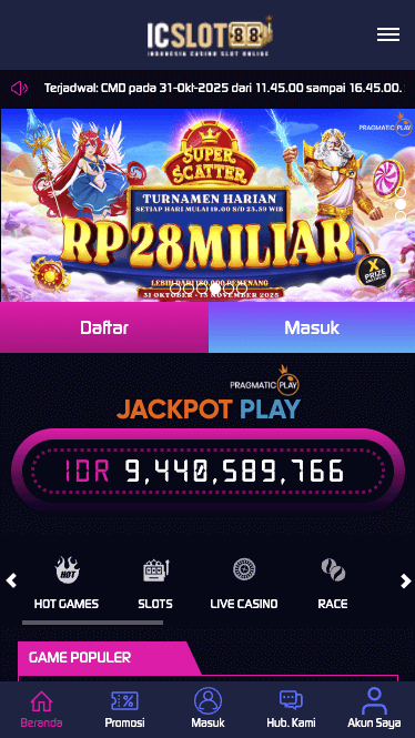 Tampilan utama aplikasi ICSLOT88 dengan menu navigasi interaktif dan akses cepat ke permainan digital.